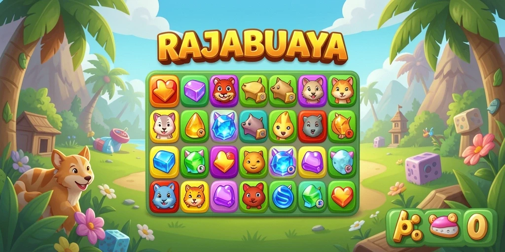 Tampilan gameplay seru dalam RAJABUAYA dengan berbagai buah warna-warni.